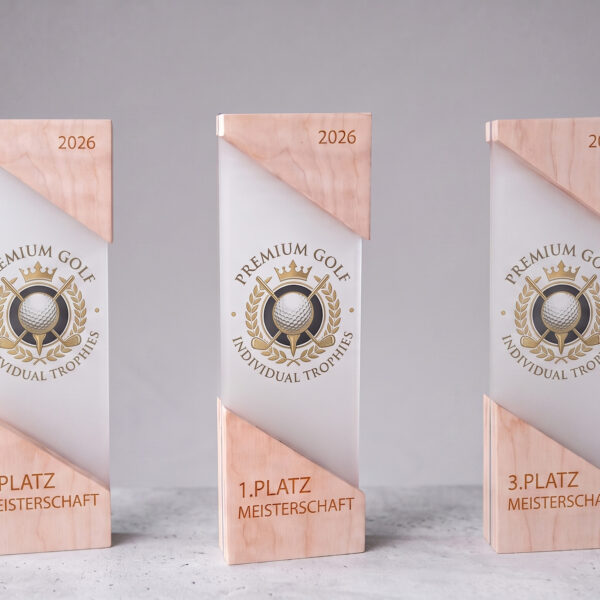 Jeder Pokal ist aus klarem Acryl mit graviertem Holzsockel und -oberteil und zeigt ein Emblem mit der Aufschrift 'PREMIUM GOLF INDIVIDUAL TROPHIES'. Die Platzierungen '1. PLATZ MEISTERSCHAFT', '2. PLATZ MEISTERSCHAFT' und '3. PLATZ MEISTERSCHAFT' sind lesbar eingraviert